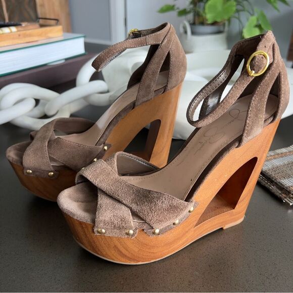 JESSICA SIMPSON Nikki Coffee Veronica Suede Wedge Heels Size 37B - Picture 3 of 9